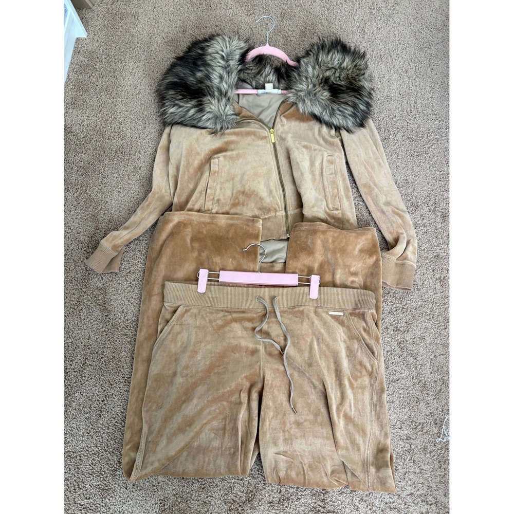 Michael Kors Velour Tracksuit Set Tan Camel Faux Fur Collar Hoodie Joggers XL